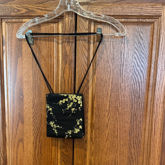 Amanda Smith Handbags - Amanda Smith Black Satin Mini Bag with Gold Floral Print - like NEW!